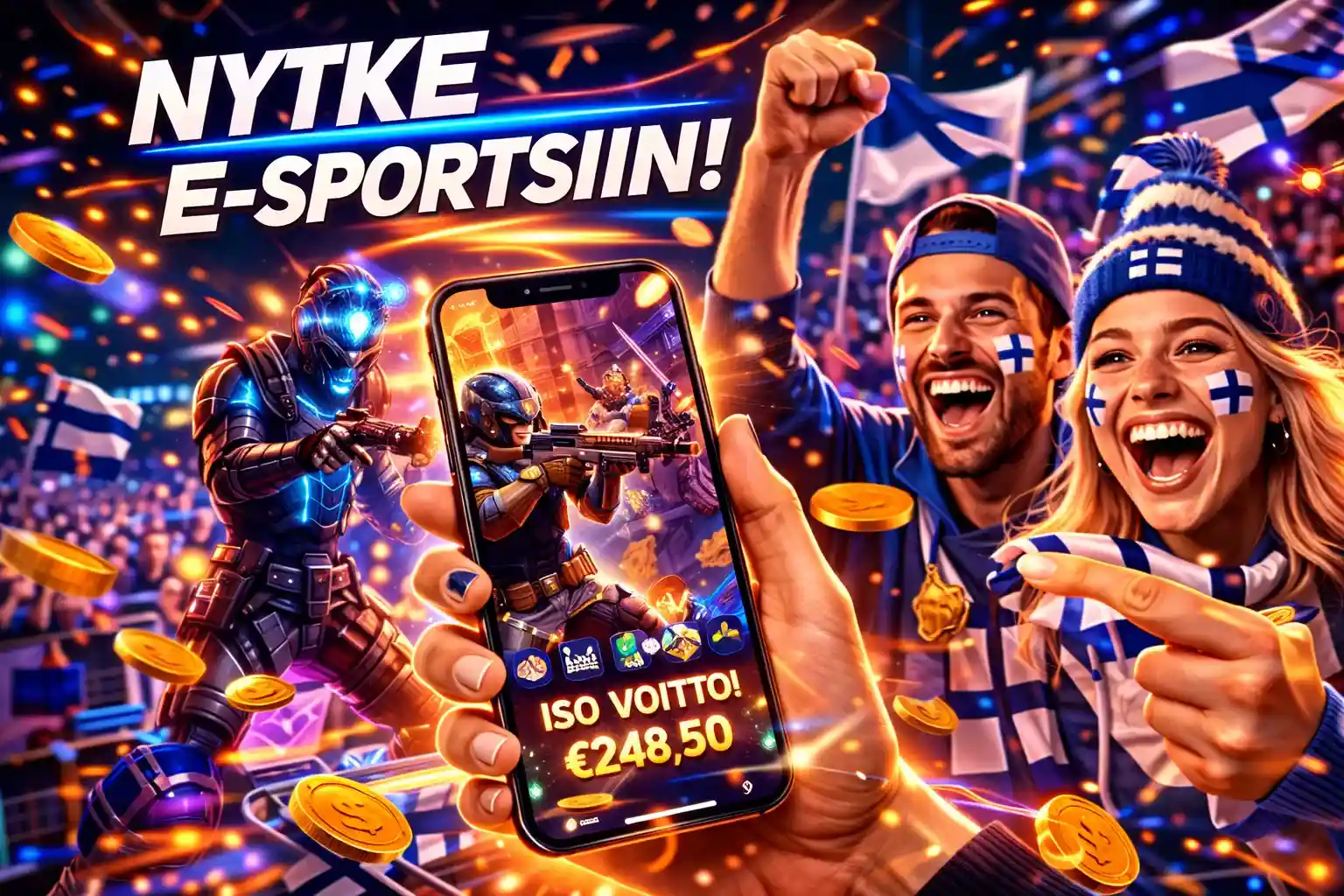 Suomalaiset fanit juhlivat mobiilissa esports-voittoa kirkkaassa kasinoympäristössä